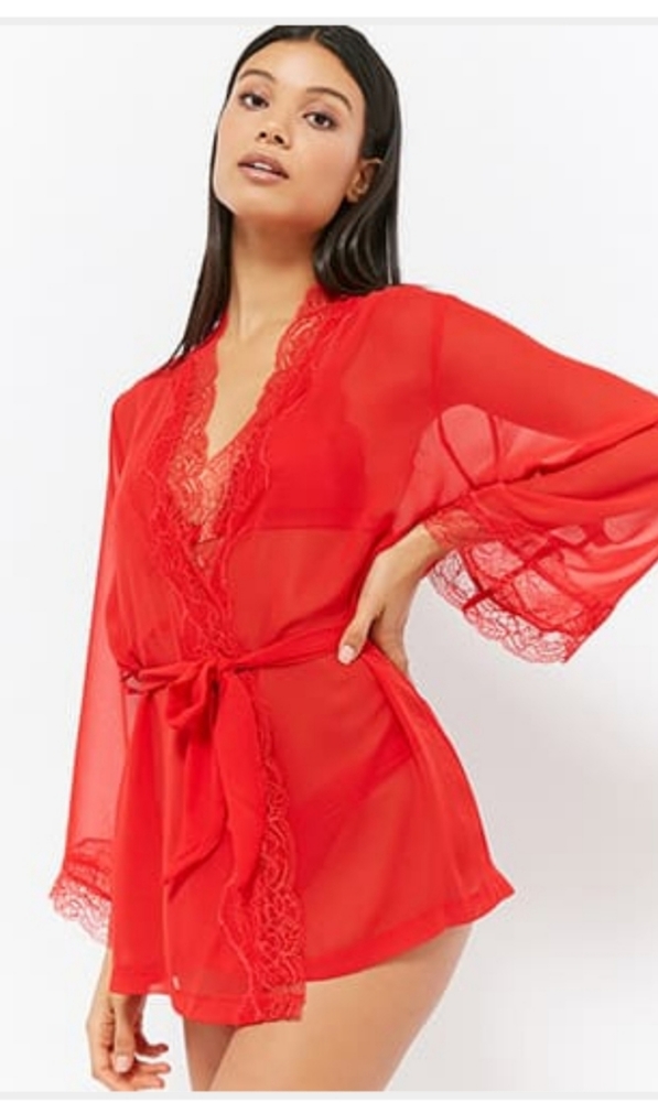 Sheer Lace Trim Chiffon Robe